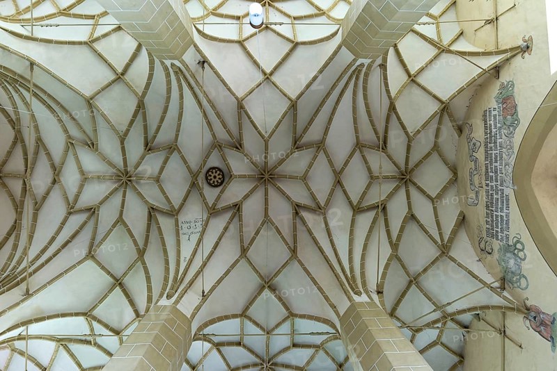 Net vault of the late Gothic three-nave hall church, 15th century, Birthälm fortified church, Biertan, Transylvania, Romania