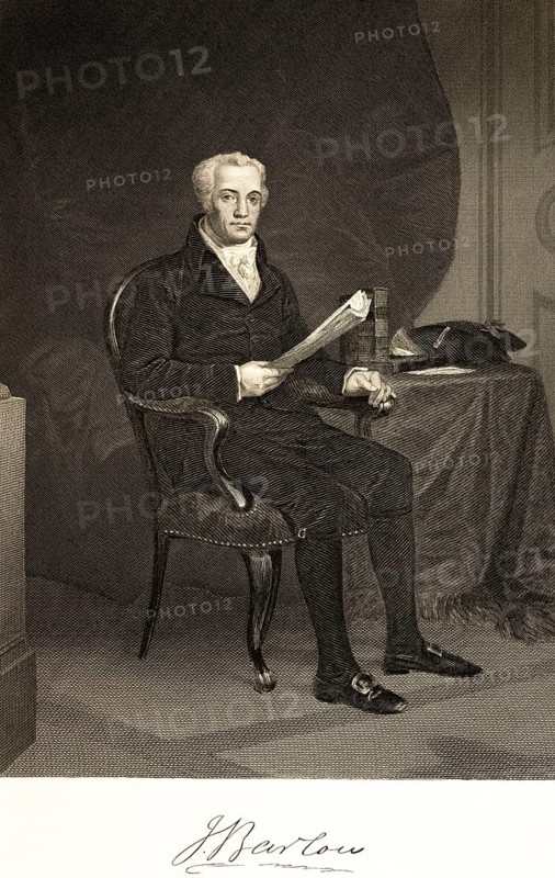 Joel Barlow (1754-1812) poet, political writer, jurist, statesman, editor, translator, room, table, chair, sitting, books, documents, USA, portrait of famous Americans, signature, artist Alonzo Chappel, steel engraving, historical illustration 1862