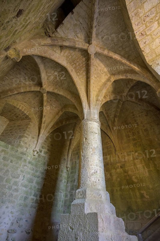 High room with ribbed vault in the Cathar castle of Quéribus, Cucugnan, Département Aude, France