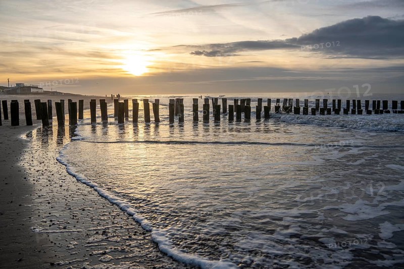 Coastal protection, through wooden posts, paalhoofden, on the beach, breakwater, the piles, some of which are rammed into the sandy soil in double rows, slow down the waves and ocean currents and thus slow down the flow rate of seawater, so less sand is washed away from the stand, near Domburg, Walcheren peninsula in the Dutch province of Zeeland
