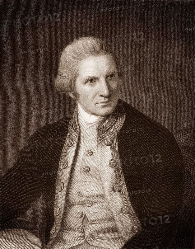 Steel engraving, c. 1860, portrait of Captain James Cook, 1728 - 1779, a British navigator and explorer, Portrait von Kapitän James Cook, 1728 - 1779, ein britischer Seefahrer und Entdecker