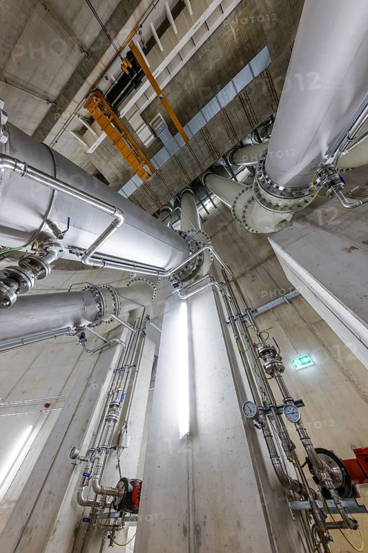 Oberhausen, Ruhr area, North Rhine-Westphalia, Germany - Emscher conversion, new Emscher AKE sewer, here the new Oberhausen pumping station, the engine room with the pumps that will pump 16, 000 litres of wastewater per minute in the future, the ecological conversion of the Emscher system consists of the construction of a central wastewater treatment system in the Ruhr area, the construction of sewers and the renaturation of the Emscher and its tributaries