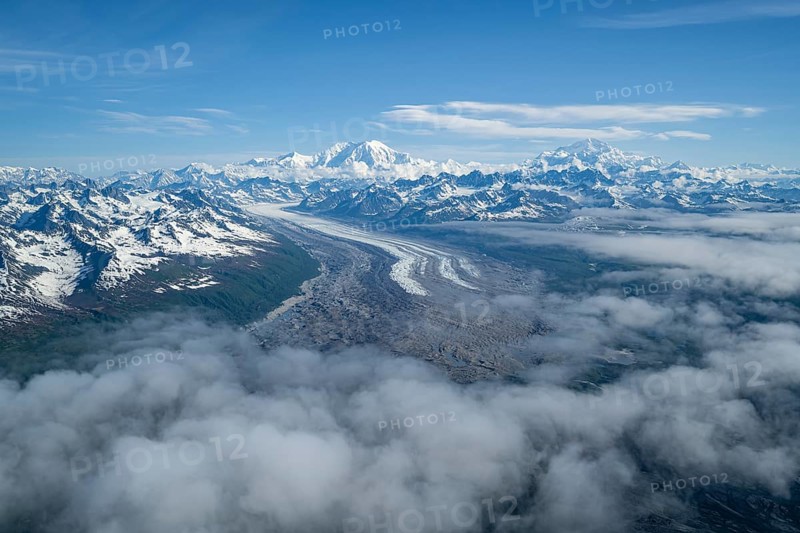 Kahlitna Glacier, Mt Foraker and Mt Denali or Mount McKinley, aerial view, Alaska Range, Denali National Park, Alaska, USA