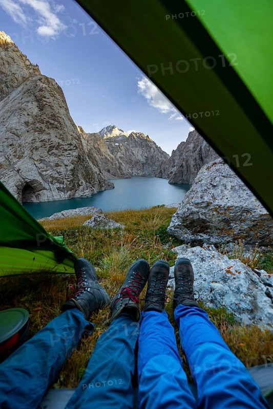 Wild camping, camping in the wilderness with a tent, Kol Suu mountain lake, Sary Beles Mountains, Naryn Province, Kyrgyzstan