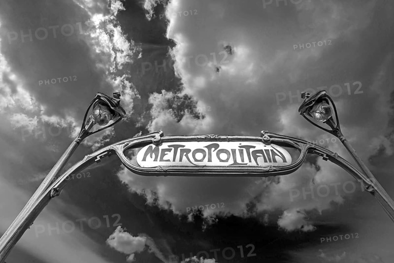 Art Nouveau entrance to the metro, black and white, Paris, France