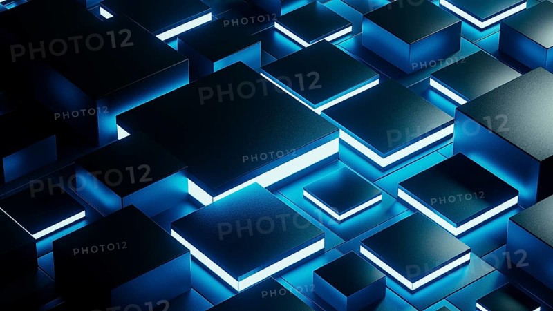 Abstract background design featuring a network of glowing geometric shapes in blue tones, creating a visually captivating technological atmosphere