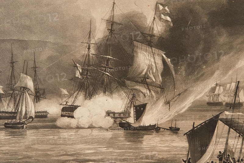 Monochrome scene of a sea battle with dramatic cannon smoke, Historical Museum, Battle of Navarino 1827, Tsiklitiria's House, Pylos, Peloponnese, Greece