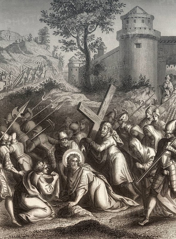 Jesus Christ Carrying the Cross to Mount Calvary, New Testament, steel engraving 1853, digitally restored