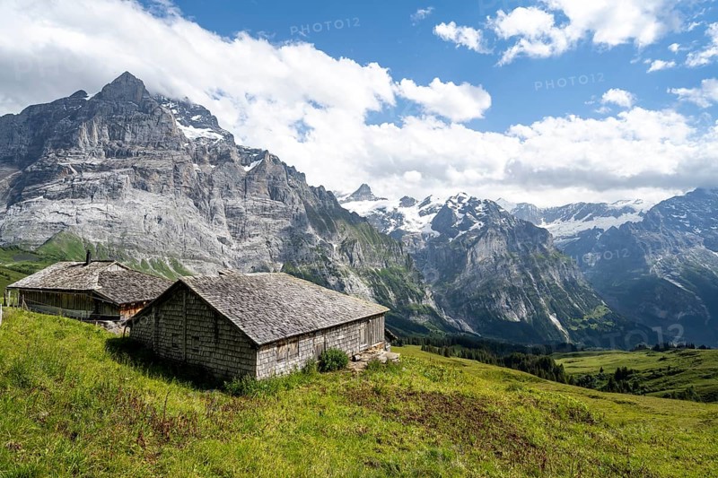 Mountain hut, alpine huts with shingles, picturesque mountain landscape, Grindelwald, Bernese Alps, Bernese Oberland, Switzerland