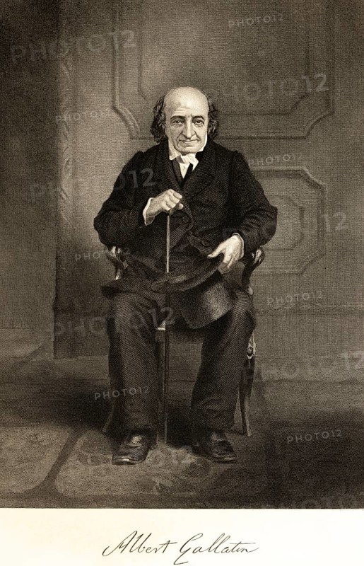 Albert Gallatin (1761-1849) politician and diplomat, seantor, finance minister of the USA, ambassador in Paris, room, armchair, sitting, old man, friendly look, top hat, simple clothes, portrait of famous Americans, signature, artist Alonzo Chappel, steel engraving, historical illustration 1862