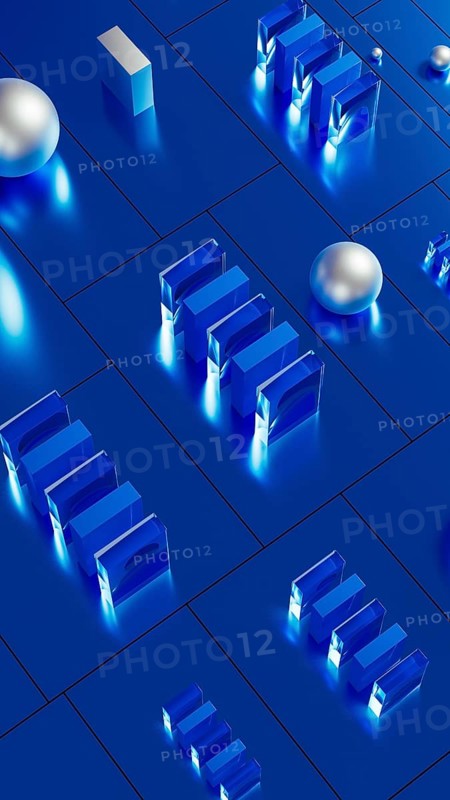 An array of geometric forms cast in blue illuminates a stunning 3D technological environment, showcasing reflective surfaces and intricate designs
