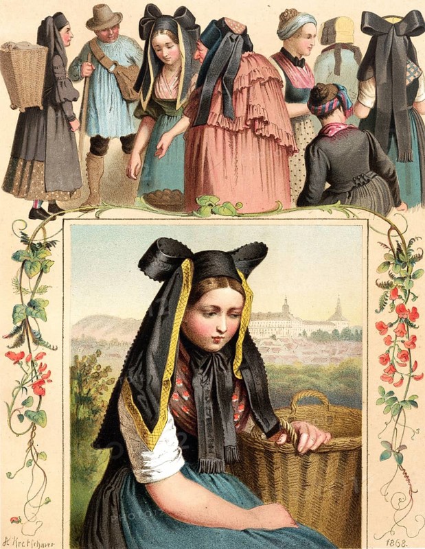 Traditional costumes in Germany around 1820, Province of Thuringia, woman at a farmers' market in traditional traditional costume in a village, digitally retouched reproduction of a model from around 1850, by Albert Kretschmer (27 February 1825, 11 July 1891), German painter and costume expert
