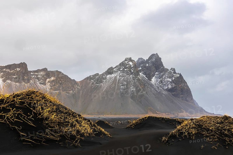 Sand dunes covered with rotten grass, lava sandy beach against mountain backdrop, winter, Stokksnes, Vestrahorn, Klifatindur, Höfn, Iceland, Scandinavia