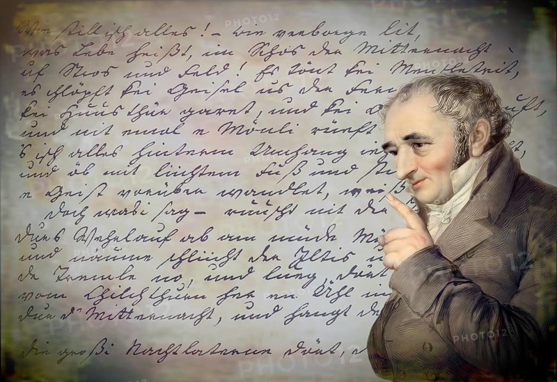 Handwritten manuscript and portait of Johann Peter Hebel, 1760 - 1826, German poet, Protestant theologian and educator, Alemannic dialect poet, digitally optimized based on a painting by Carl Joseph Alois Agricola, 1814