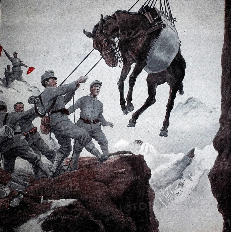1st World War, Overcoming terrain difficulties during ammunition transport and horse transport in Tyrol (original picture text from 1915, original colouring), illustration, reproduction from a 19th century original. Authentic, file restored for optimal use, exact date of original unknown, Historical, Soldiers transporting a horse over a snow-covered precipice with ropes. The scene shows exertion and danger