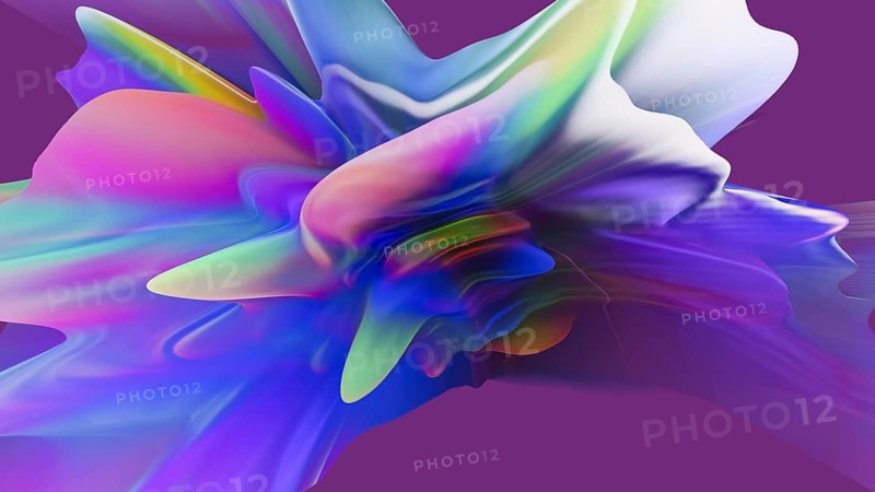This image showcases surreal 3D extrusions with a holographic effect, featuring vibrant, fluid colors that blend seamlessly into each other against a soft background