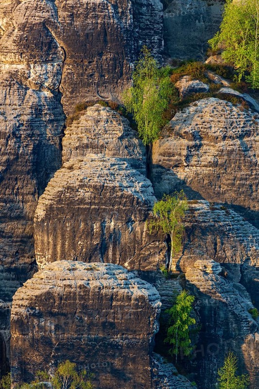 Sandstone formations in late light at the Bastei rocks near the village of Rathen in Saxon Switzerland National Park, Saxony, Germany