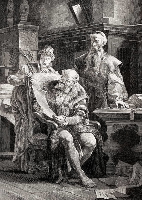 Johannes Gutenberg showing his first print