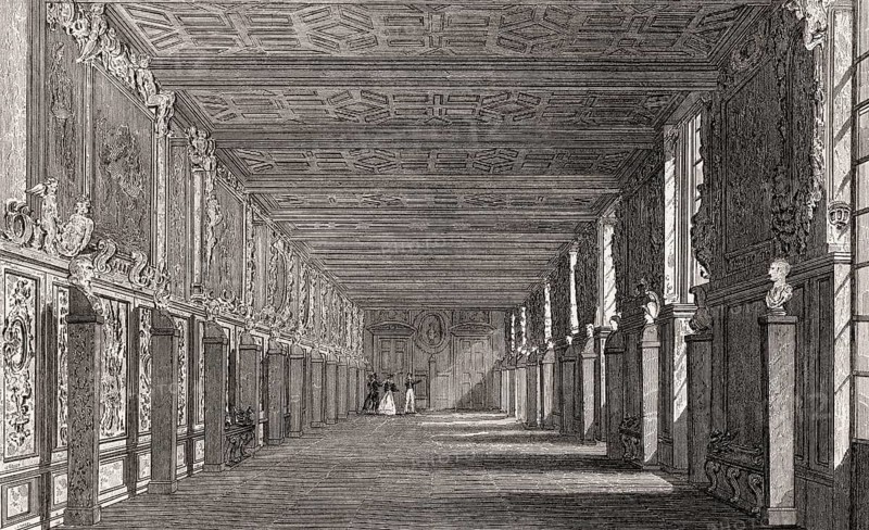 Gallery, The Royal Château de Fontainebleau, near Paris, antique steel engraved print, 1831