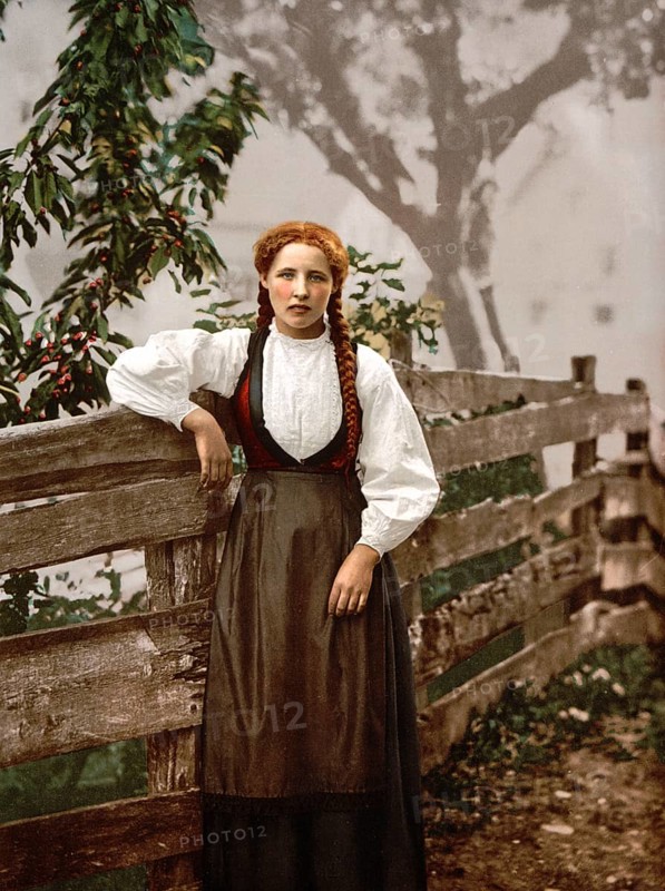 A girl from Voss, Hardangerfjord, Norway, View from 1885, Historical, digitally restored reproduction from a 19th century original, Record date not stated