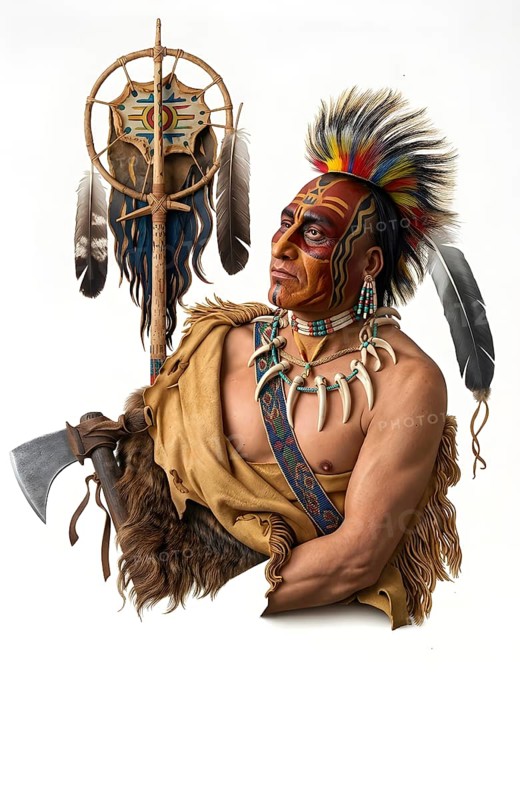 Portrait of an Iroquois, an indigenous of North America, symbolic image Indian, Native American, colonialism, traditional, headdress, totem, clothing, Canada, historical illustration, digitally edited