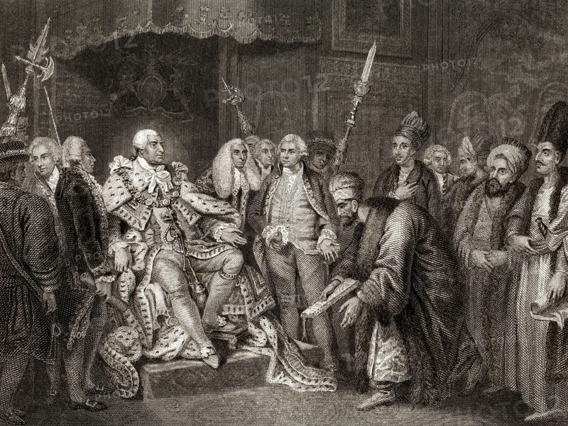 Der türkische Botschafter kniet vor König Georg III. oder Georg Wilhelm Friedrich, 1738 - 1820, König von Großbritannien und König von Irland