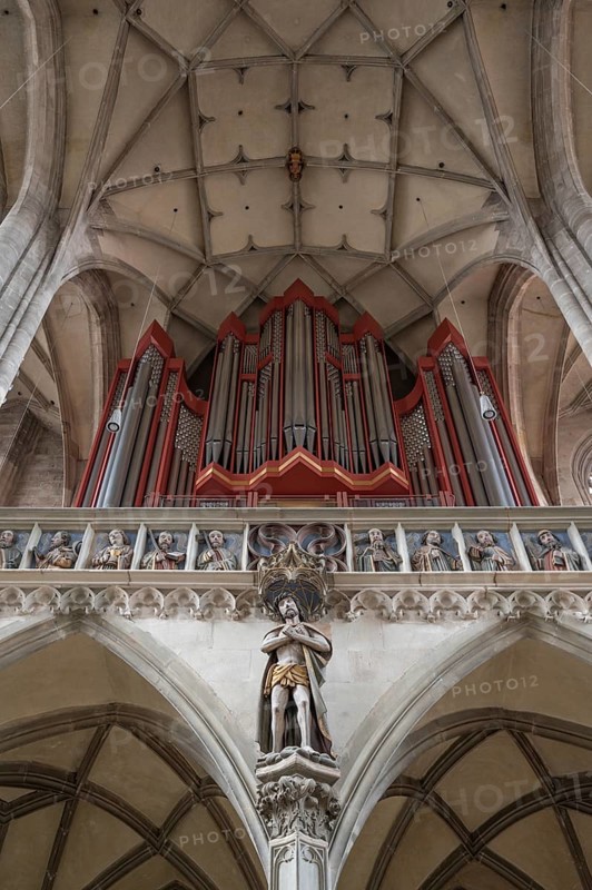 Organ loft, organ built in 1997, late Gothic hall church of St George, Dinkelsbühl, Bavaria, Germany