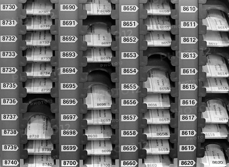 Essen, DEU, 17.11.85 - Stamp cards of the workers at the Zollverein coking plant, shift group on the stove ceiling. The coking plant was discontinued in 1993. Together with Zollverein Colliery, the former coking plant was declared a World Heritage Site by UNESCO in 2001, Essen, Germany