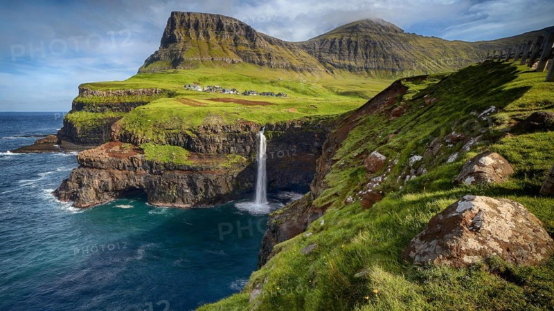 Mulafossur, waterfall and village view, Faroe Islands, Faroe Islands, Denmark