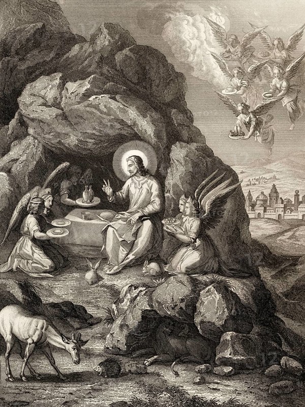 The ministry of angels to Christ, Steel engraving 1853, digitally restored
