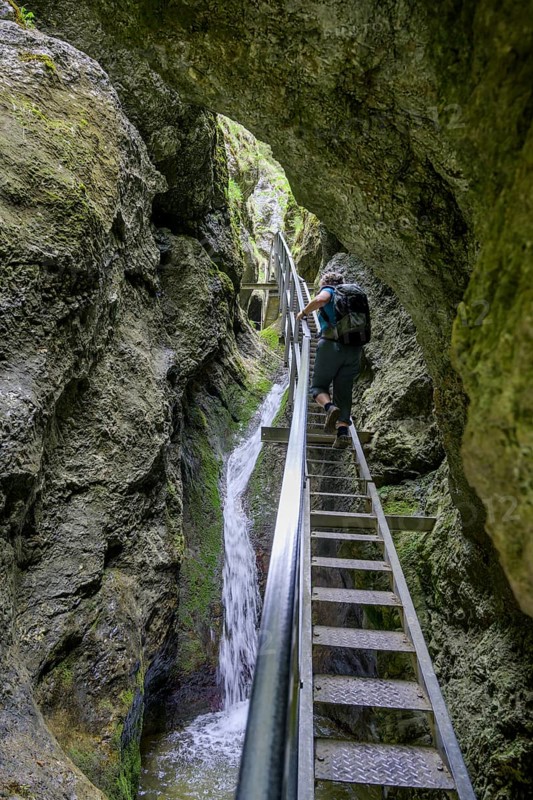 Woman on a climbing structure in the Nove Diery gorge, Terchová, Žilinský kraj, Slovakia