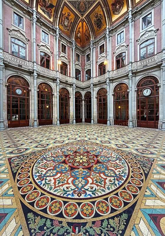 Floor mosaic in the courtyard, Palácio da Bolsa, neoclassical style stock exchange, magnificent building, UNESCO World Heritage Site, Porto, Portugal