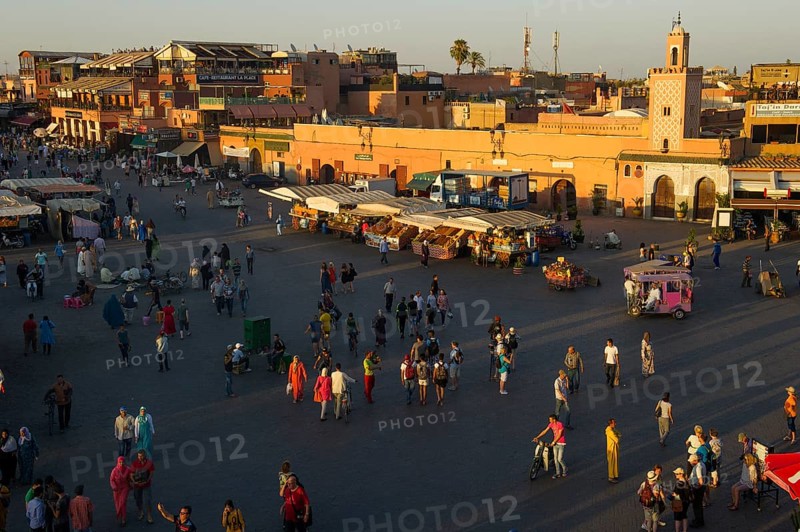 Place Djemma el-Fna, Gauklerplatz, UNESCO World Heritage Site, sunset, Marrakech, Morocco