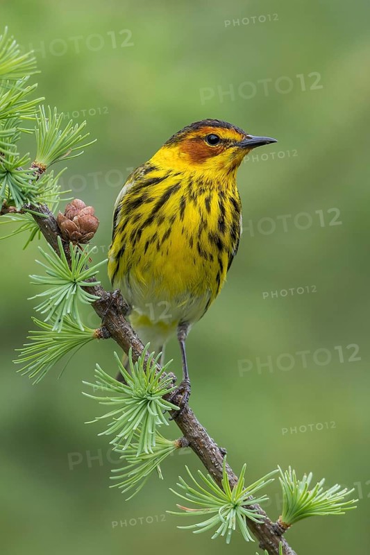Cape May Warbler (Dendroica tigrina) perched on a branch in Ontario, Canada