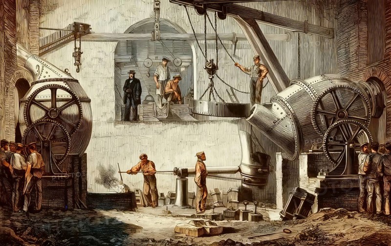 Historical illustration, 19th Century, technical processing of iron in a Bessemer converter, 1886