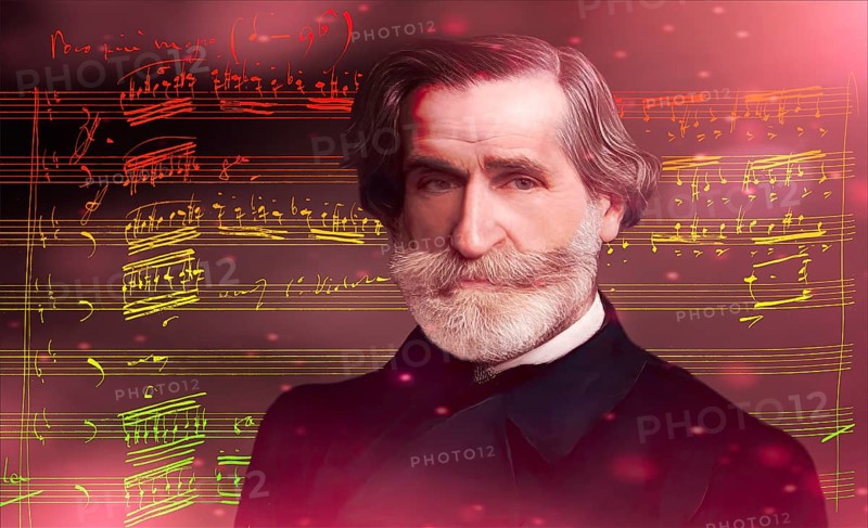 Giuseppe Verdi, 1813 – 1901, Italian opera composer, autograph notesheet from Don Carlos, digitally edited after a painting of Giovanni Boldini