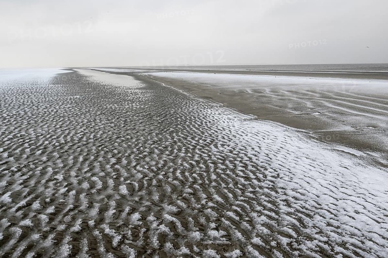 North Sea beach in snow, Langeoog, Lower Saxony, Germany