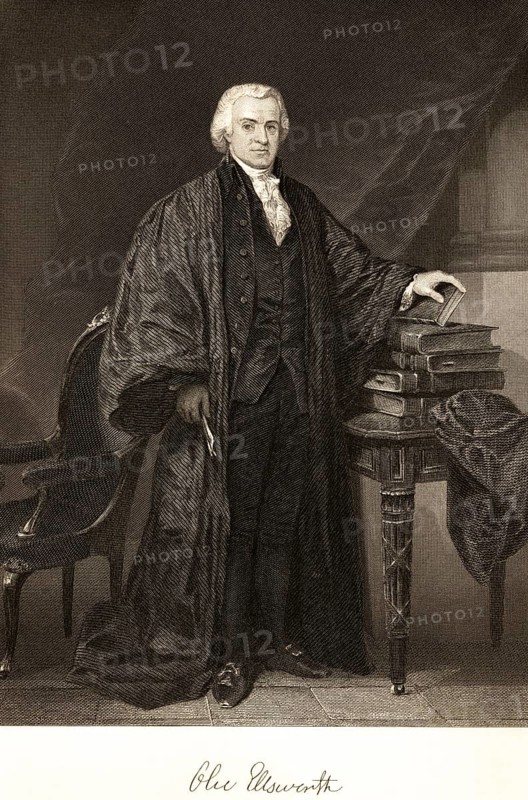 Oliver Ellsworth (1745-1807) lawyer and politician, co-author of the Declaration of Independence, USA, Chief Justice, Chief Justice, room, gown, serious look, standing, table, books, portrait of famous Americans, signature, artist Alonzo Chappel, steel engraving, historical illustration 1862