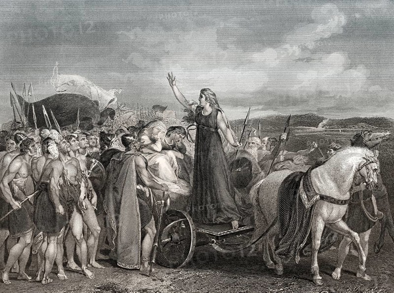 Boudica, Königin des britischen keltischen Stammes der Iceni, die sich gegen die Besatzungstruppen des Römischen Reiches auflehnen