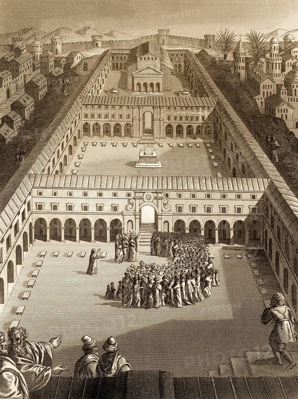 The parable of the Pharisee and the Publican, Second Temple, Jerusalem, New Testament, steel engraving 1853, digitally restored
