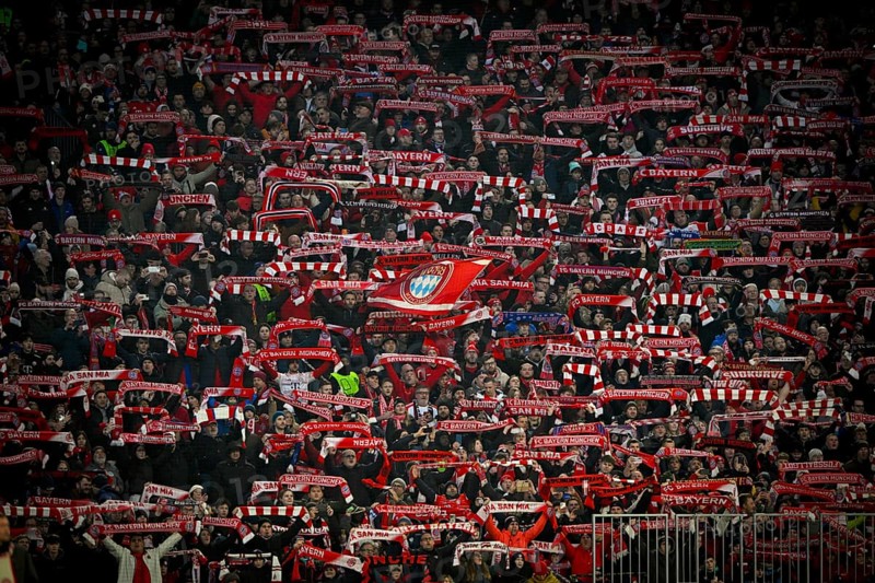 Fan block, fans, fan curve, atmosphere, atmospheric scarves soccer Bundesliga, Allianz Arena, Munich, Bayern, Germany