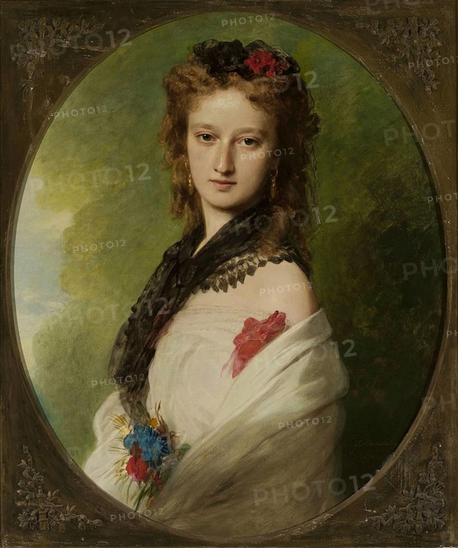 Franz Xaver Winterhalter (20 April 1805 - 8 July 1873), German painter, he was one of the most sought-after and famous portrait painters, here his work:, portrait of Zofia Zamoyska née Potocka (1870), Painting, Reproduction of the painting, Work of art, Historical, Portrait of a woman with floral details and held in soft light