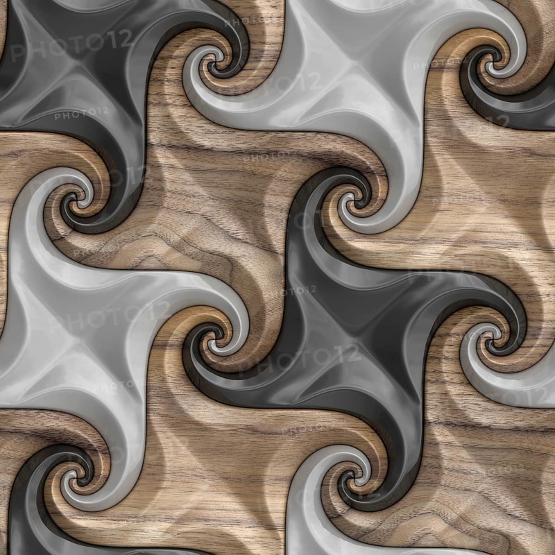 Intricate 3D illustration of seamless geometric patterns that resemble undulating waves combined with a wood texture, perfect for sophisticated wallpaper designs