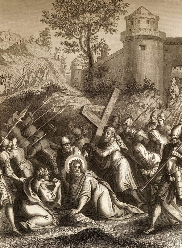Jesus Christ Carrying the Cross to Mount Calvary, New Testament, steel engraving 1853, digitally restored
