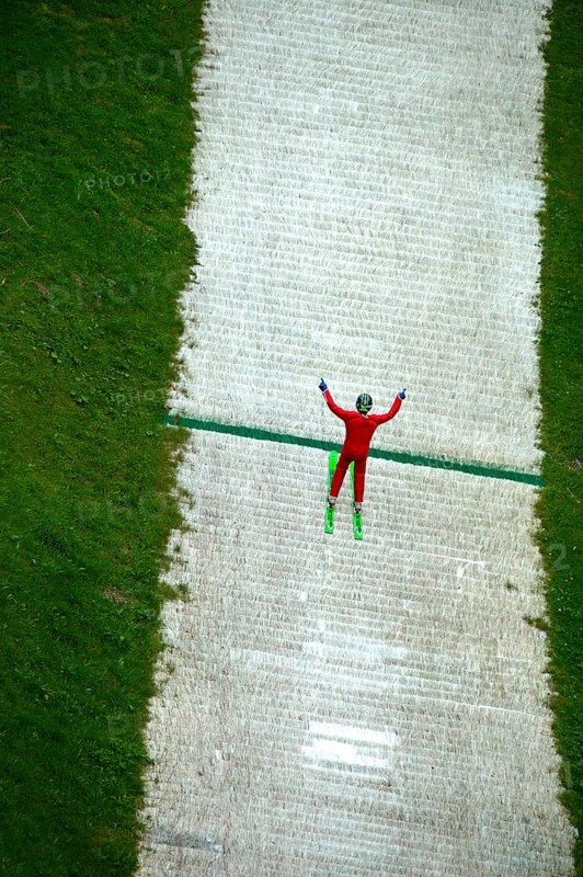 Ski jumper in summer, Meinhardus Jump, Meinerzhagen, North Rhine-Westphalia, Germany