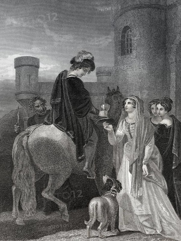 König Edward der Märtyrer erstochen auf Befehl seiner Stiefmutter Elfrida oder Aelfthrith, Corfe Castle, Dorset, 978