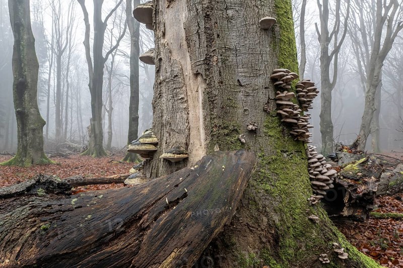 Old beech forest (Fagus sylvatica) in the fog, Emsland, Lower Saxony, Germany