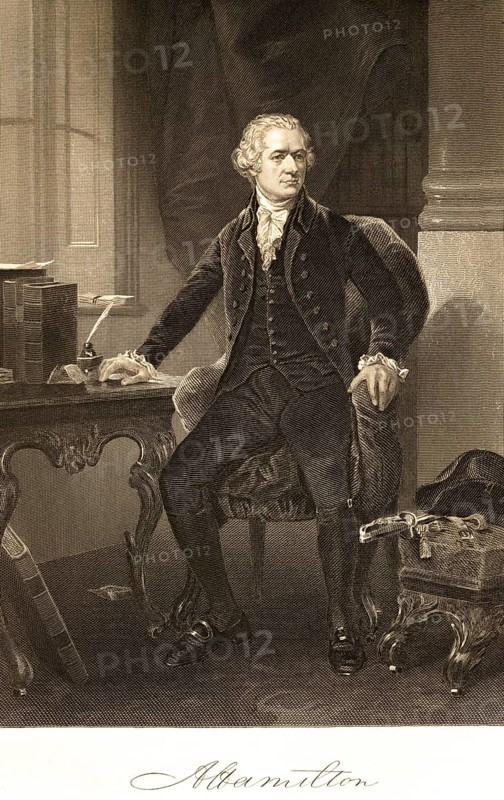 Alexander Hamilton, (1755-1804) politician, state theorist, first Secretary of the Treasury of the United States, USA, room, armchair, table, books, quill, inkwell, sitting, fixed gaze, portrait of famous Americans, signature, artist Alonzo Chappel, steel engraving, historical illustration 1862