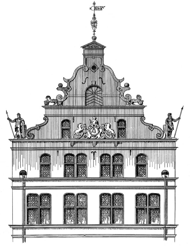 Historical architectural illustration from the 19th Century, 1881, German Renaissance style, 16th century, house Filzengraben 24, now destroyed, Cologne, Germany, Europe, Deutsche Renaissance, Architektur-Zeichnung von 1881, Bürgerhaus in Köln, Filzengraben 24, heute nicht mehr vorhanden, Köln, Nordrhein-Westfalen, Deutschland, Europa