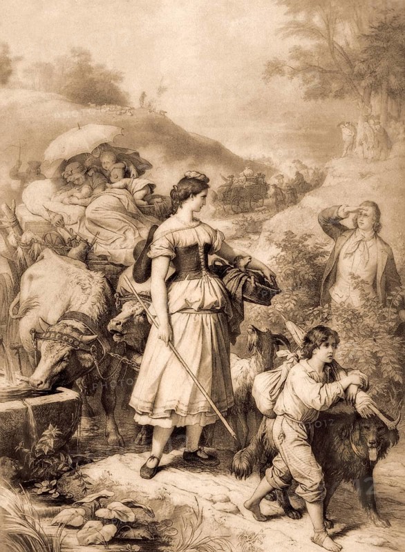 Hermann meets Dorothea on her flight, Hermann and Dorothea, an epic poem by Johann Wolfgang von Goethe, after Wilhelm von Kaulbach
